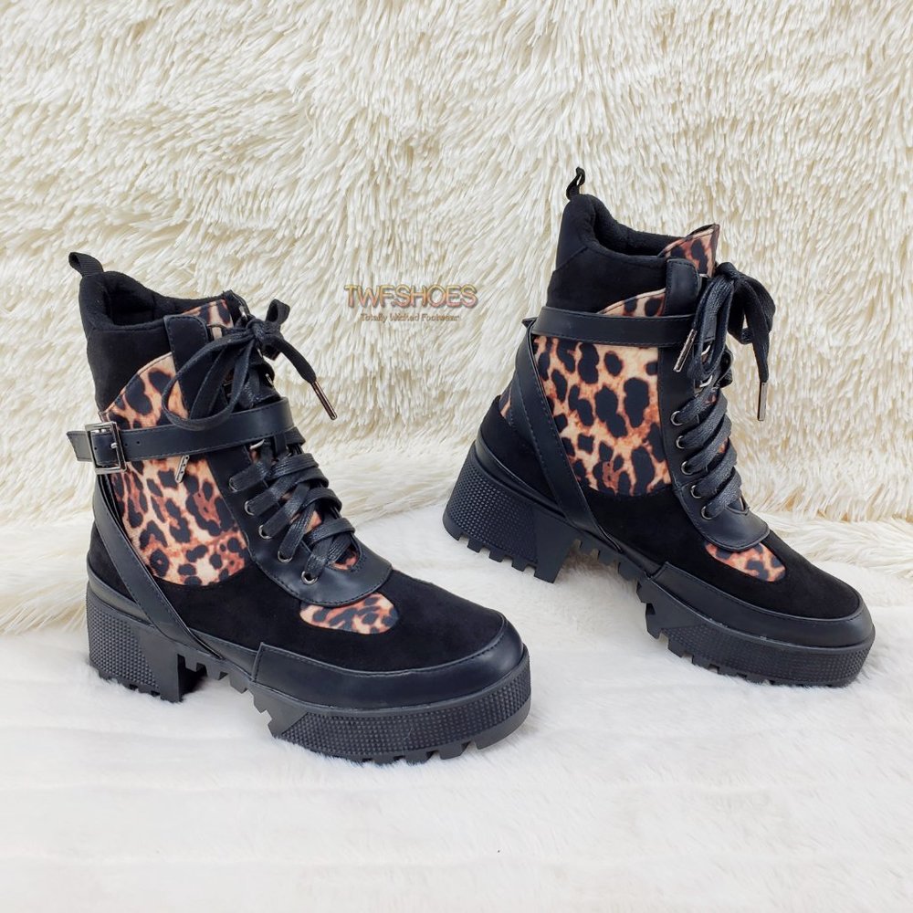 Chase Lug Sole Combat Ankle Boot Black Leopard - Picture 6 of 10